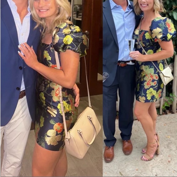 Navy Blue and Green Multi Floral Jacquard Puff Sleeve Mini Dress 🌿 - Picture 10 of 11